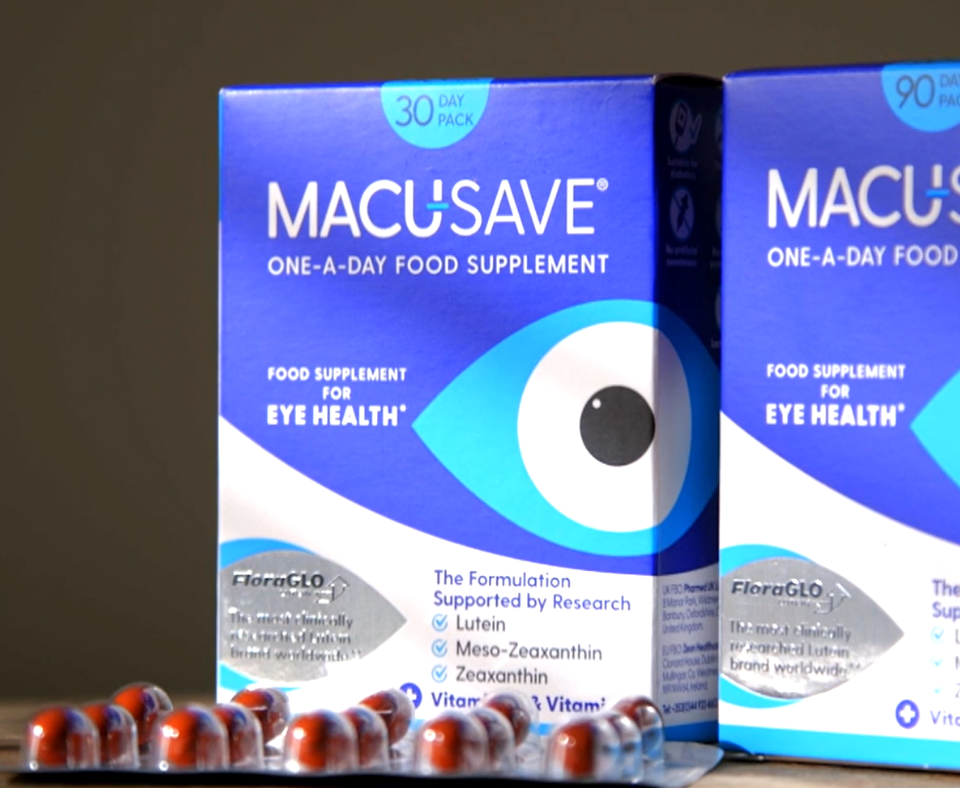 Two boxes of MacuSave eye health supplements on a wooden surface.