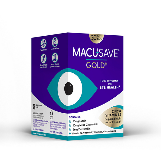 MACU-SAVE GOLD+ eye health supplement packaging on a white background