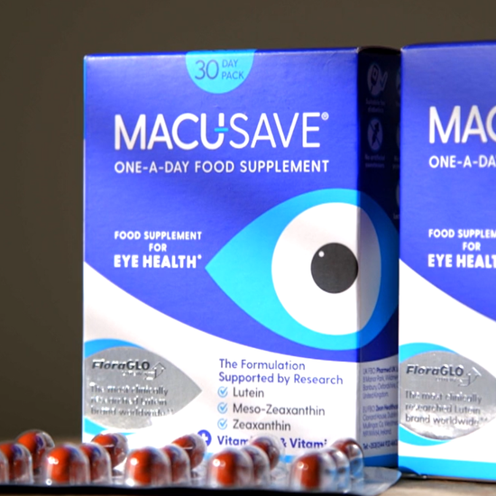 Two boxes of MacuSave eye health supplements on a wooden surface.
