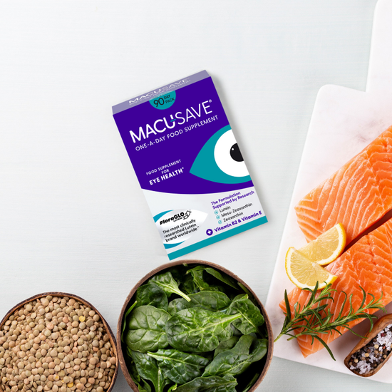 MacuSave supplement box with salmon, greens, and seeds on a white surface