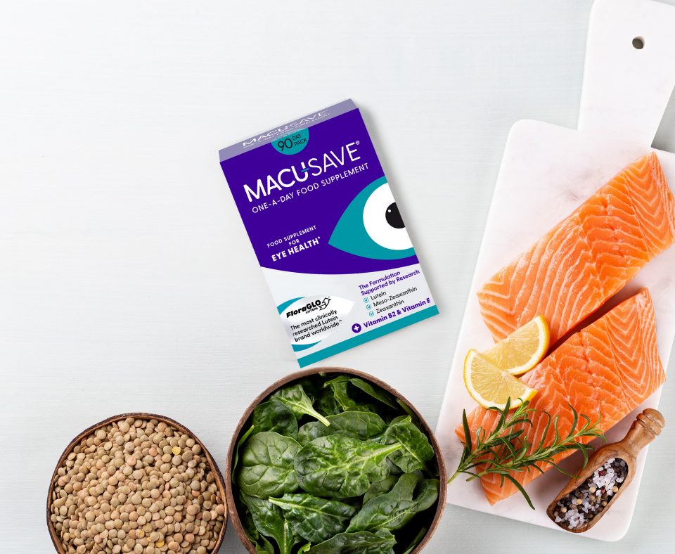 MacuSave supplement box with salmon, greens, and seeds on a white surface